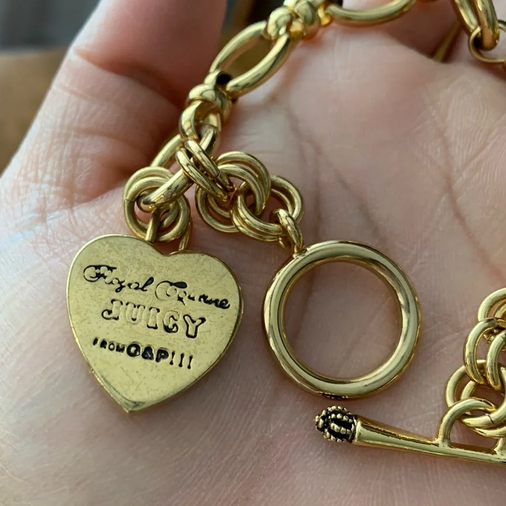 Gold Juicy Couture Bracelet Heart Logo Heart Tag Toggle Clasp Jewelry 7.5” EUC - Picture 10 of 10